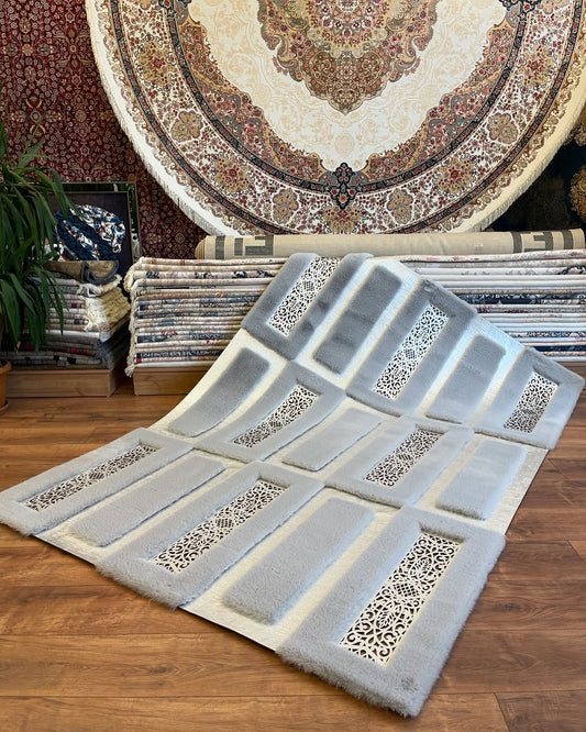 Luxurious Gray Plush Faux Fur Rug with Pattern, Custom Sizes Plush Rug