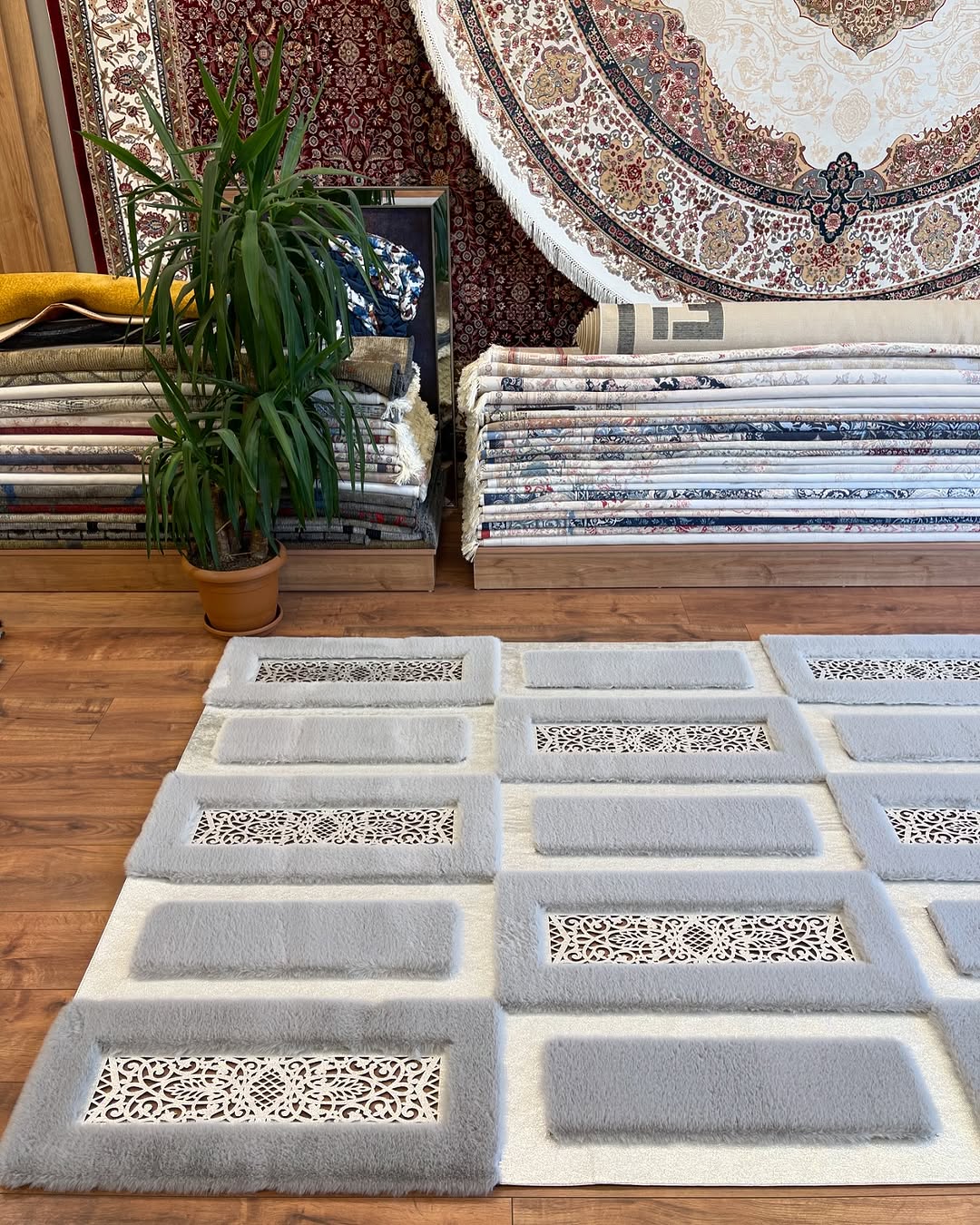 Luxurious Gray Plush Faux Fur Rug with Pattern, Custom Sizes Plush Rug