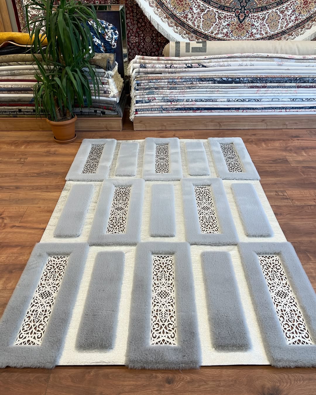 Luxurious Gray Plush Faux Fur Rug with Pattern, Custom Sizes Plush Rug