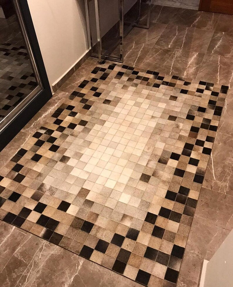 Luxury 100% Genuine Leather Cowhide Runner Rug, Handmade Patchwork Hallway Rug