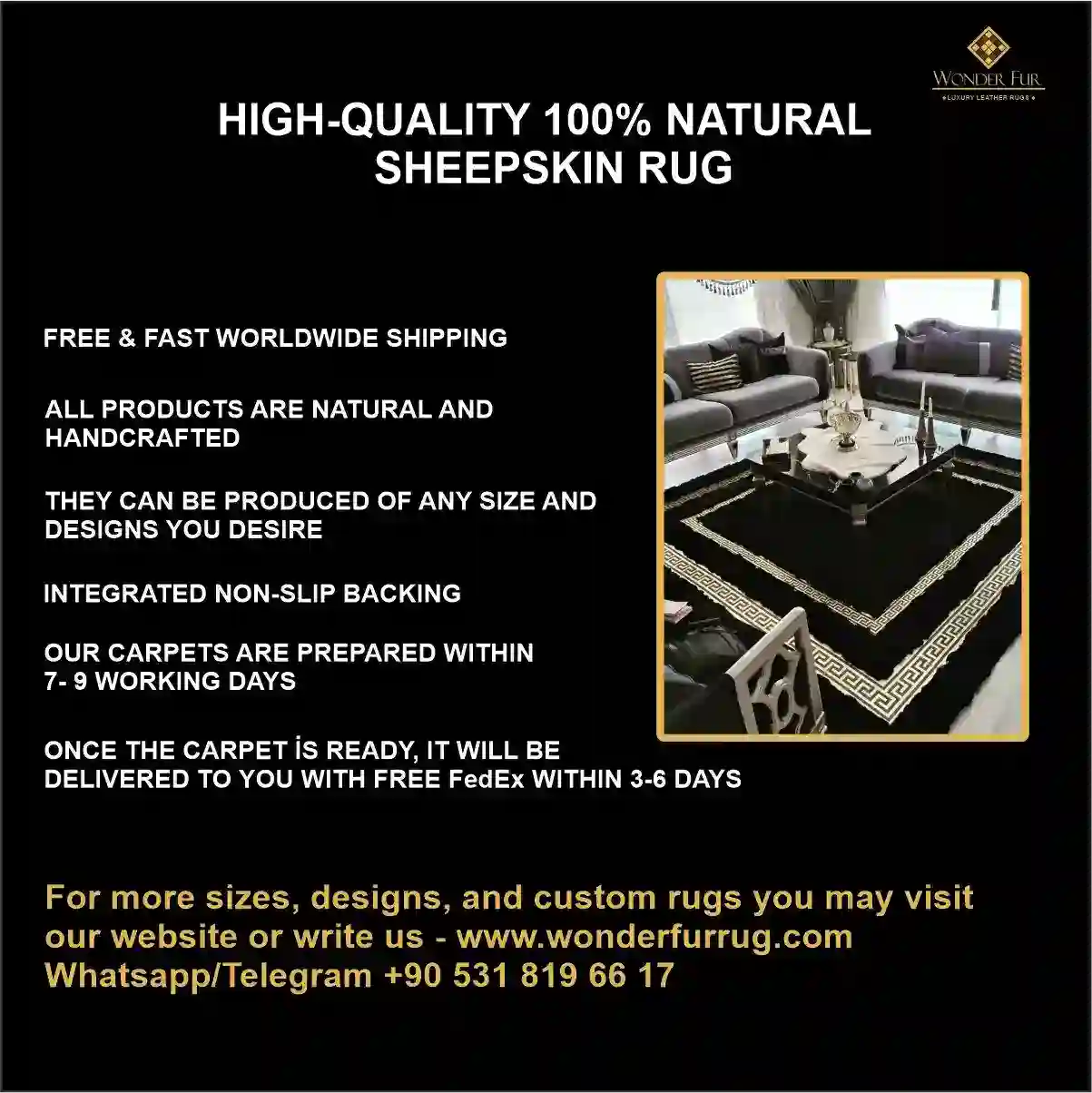 Genuine Black And Gold Sheepskin Handmade Soft Modern Living Room Rug