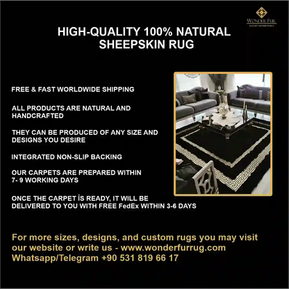 Genuine Black And Gold Sheepskin Handmade Soft Modern Living Room Rug