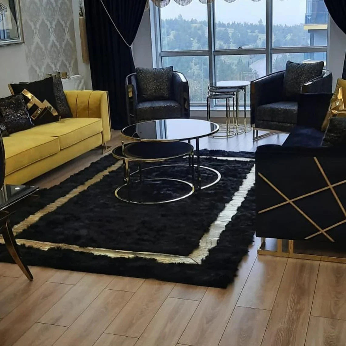 Luxury Handmade Black And Gold Natural Sheepskin 10x12 Living Room Rug