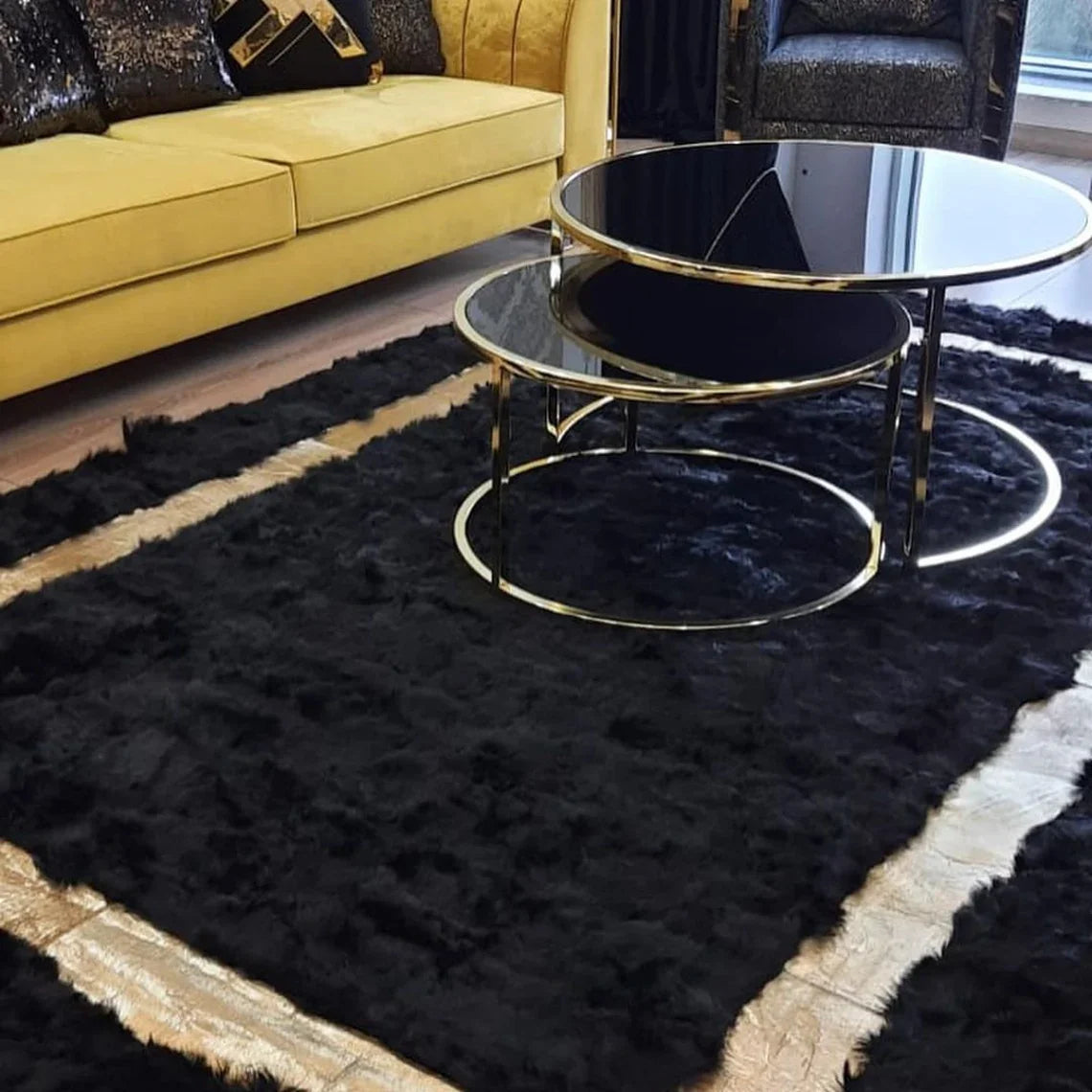 Luxury Handmade Black And Gold Natural Sheepskin 10x12 Living Room Rug