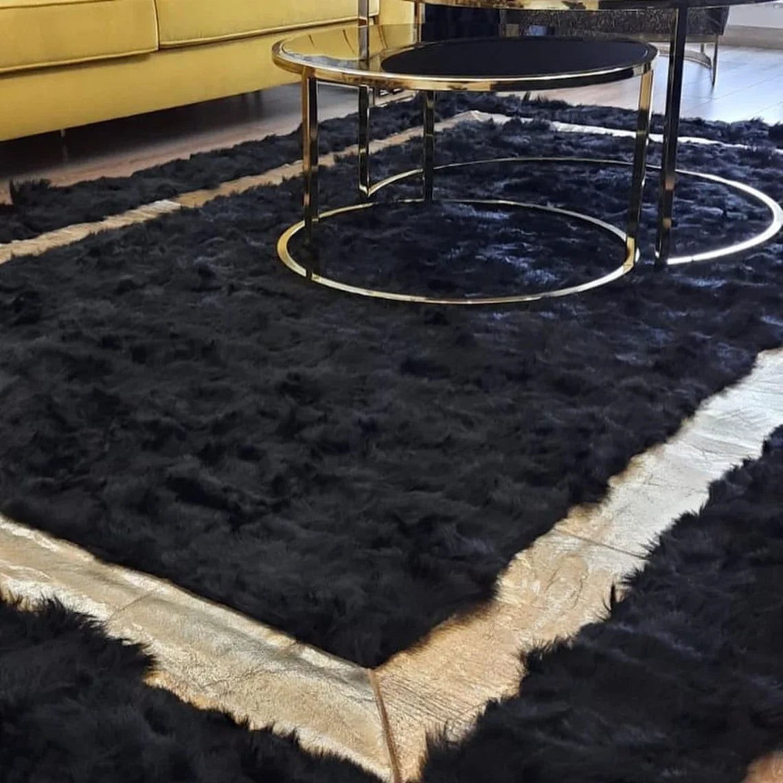 Luxury Handmade Black And Gold Natural Sheepskin 10x12 Living Room Rug