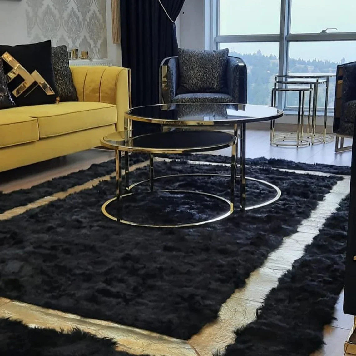 Luxury Handmade Black And Gold Natural Sheepskin 10x12 Living Room Rug