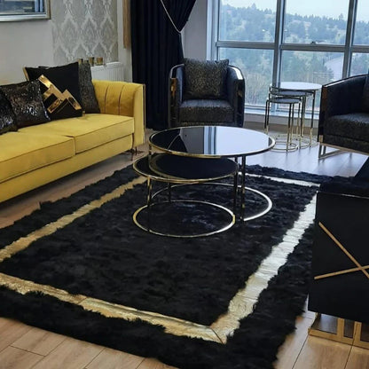 Luxury Handmade Black And Gold Natural Sheepskin 10x12 Living Room Rug