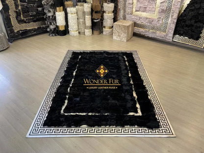 Luxury Black Silver Genuine Sheepskin Area Rug, Handmade Rug for Living Room