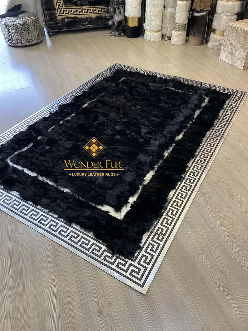 Luxury Black Silver Genuine Sheepskin Area Rug, Handmade Rug for Living Room