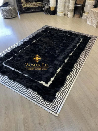 Luxury Black Silver Genuine Sheepskin Area Rug, Handmade Rug for Living Room