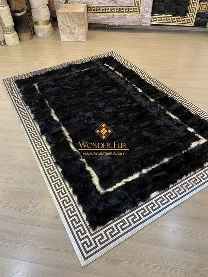 Luxury Black Silver Genuine Sheepskin Area Rug, Handmade Rug for Living Room