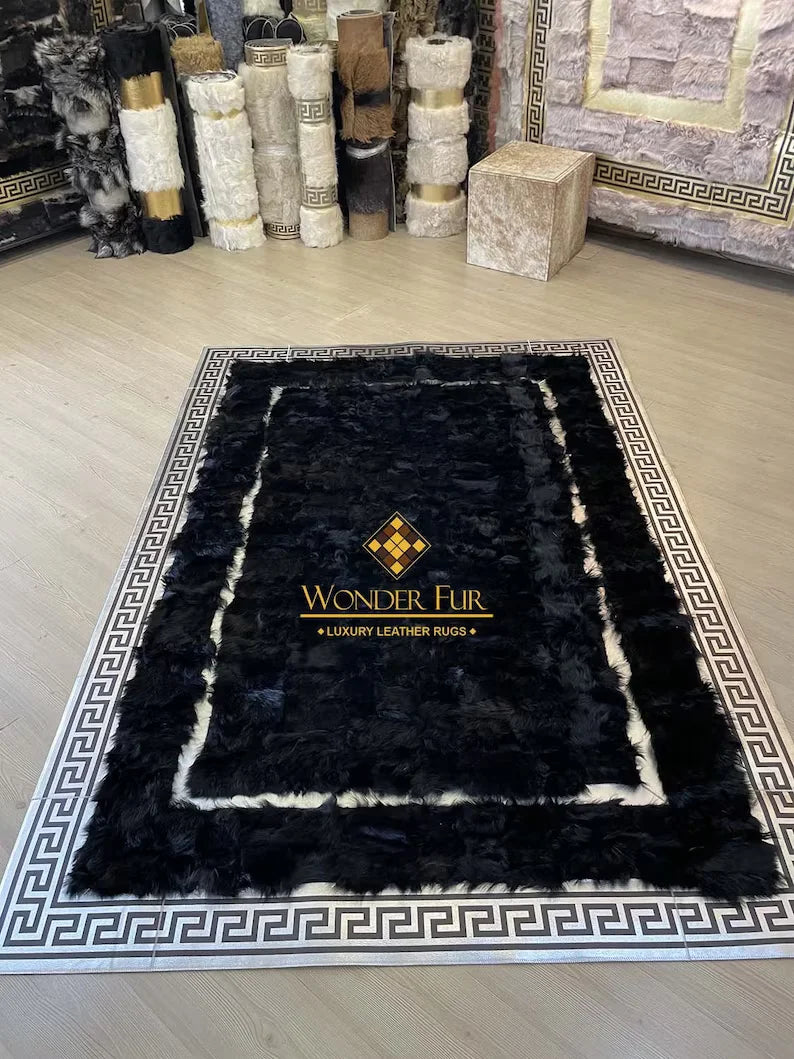 Luxury Black Silver Genuine Sheepskin Area Rug, Handmade Rug for Living Room