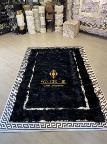 Luxury Black Silver Genuine Sheepskin Area Rug, Handmade Rug for Living Room