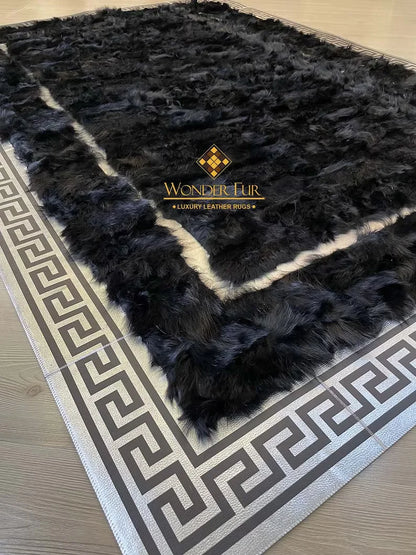 Luxury Black Silver Genuine Sheepskin Area Rug, Handmade Rug for Living Room