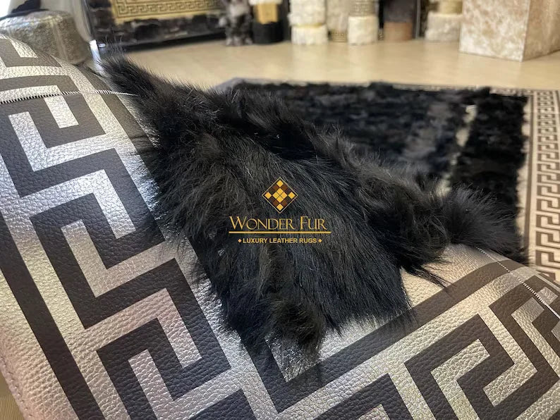 Luxury Black Silver Genuine Sheepskin Area Rug, Handmade Rug for Living Room