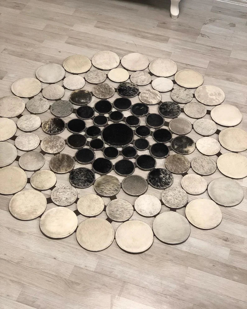 Luxury Design Cowhide Patchwork Rug, Handmade Natural Cowhide Round Rug, Round Rug Decor