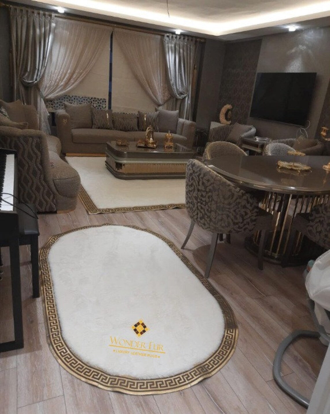 Luxury Elegant Soft White Gold Faux Fur 8x10 Home Decor Geometric Rug