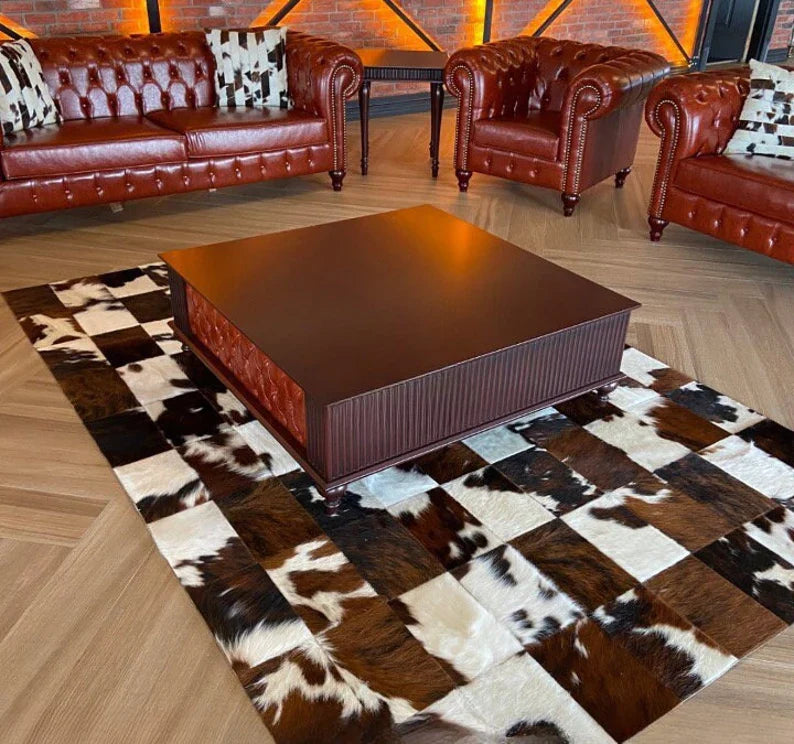 Luxury Genuine Leather Modern Area Rug, Handmade Cowhide Area Rug, Non Slip Carpet