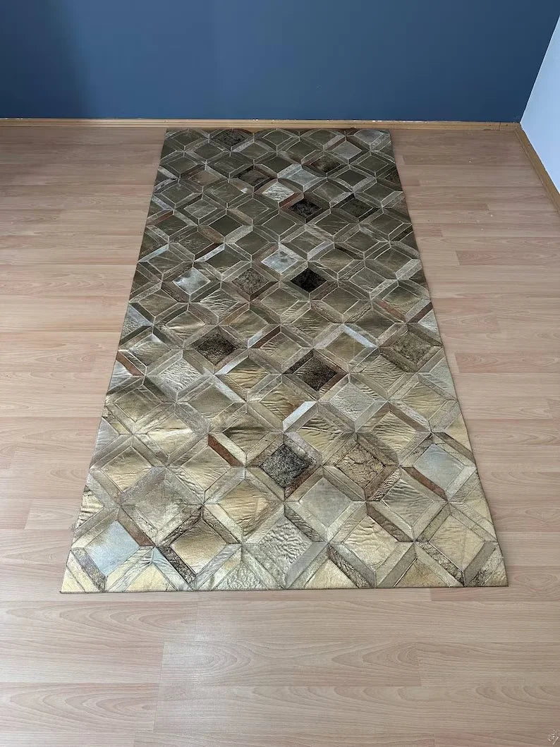 Luxury Gold Genuine Cowhide Area Rug, Handmade Gold Cow Leather Carpet for Home Decor