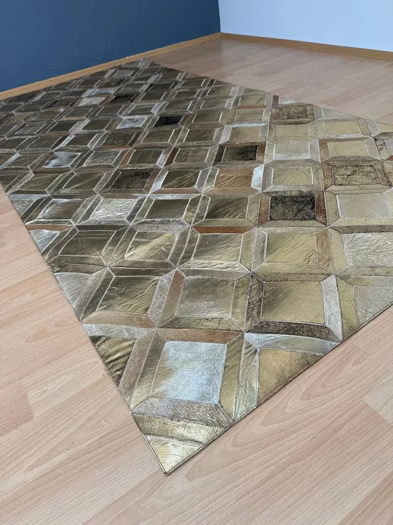 Luxury Gold Genuine Cowhide Area Rug, Handmade Gold Cow Leather Carpet for Home Decor