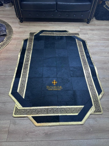 Luxury Handmade Black And Gold Real Cowhide Office Rug , Modern Carpet
