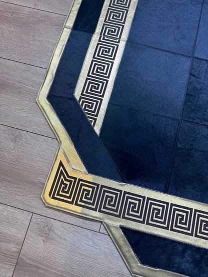 Luxury Handmade Black And Gold Real Cowhide Office Rug , Modern Carpet