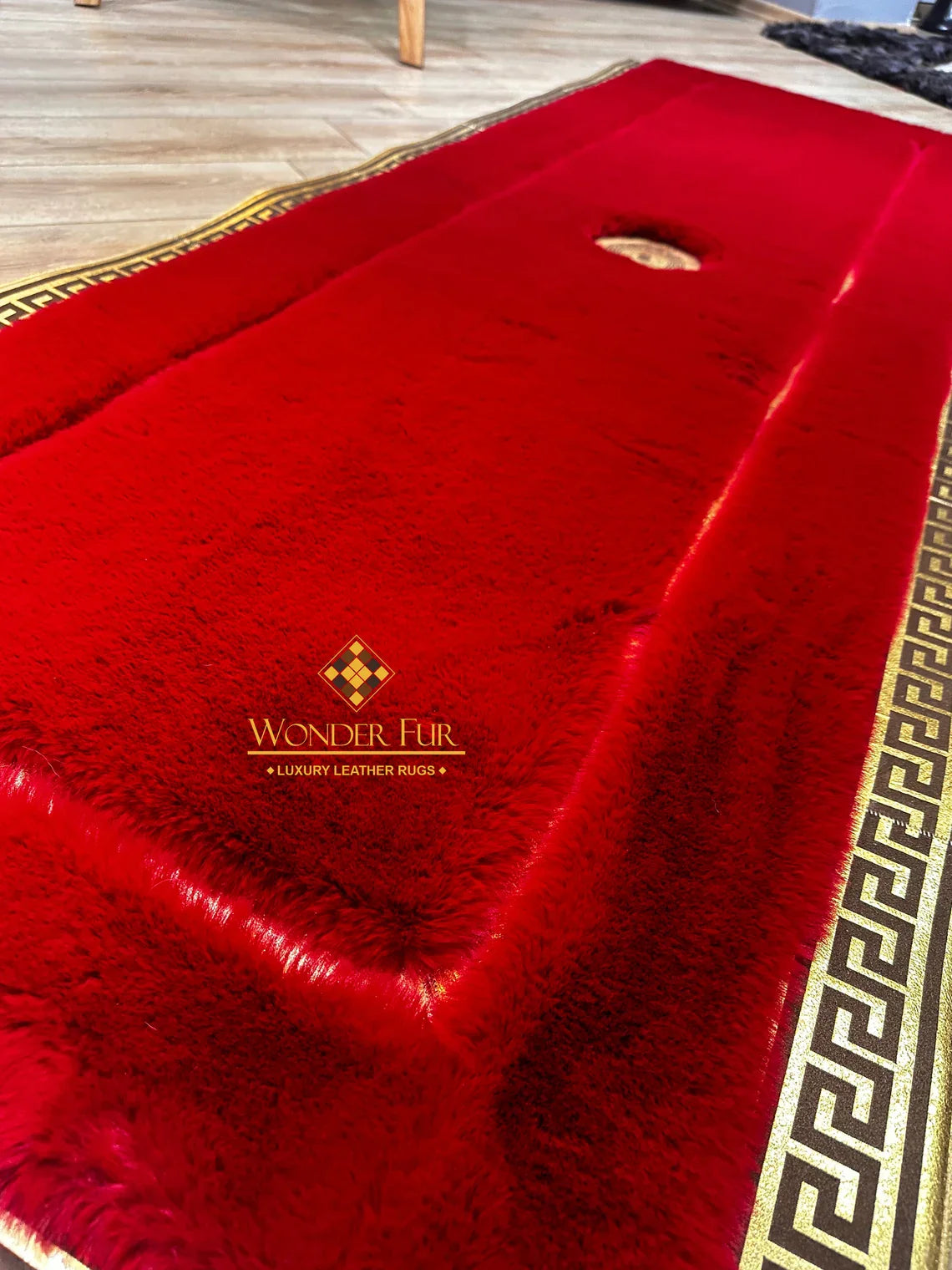 Luxury Handmade Plush Red And Gold Faux Fur Runner Rug , Non Slip Rug