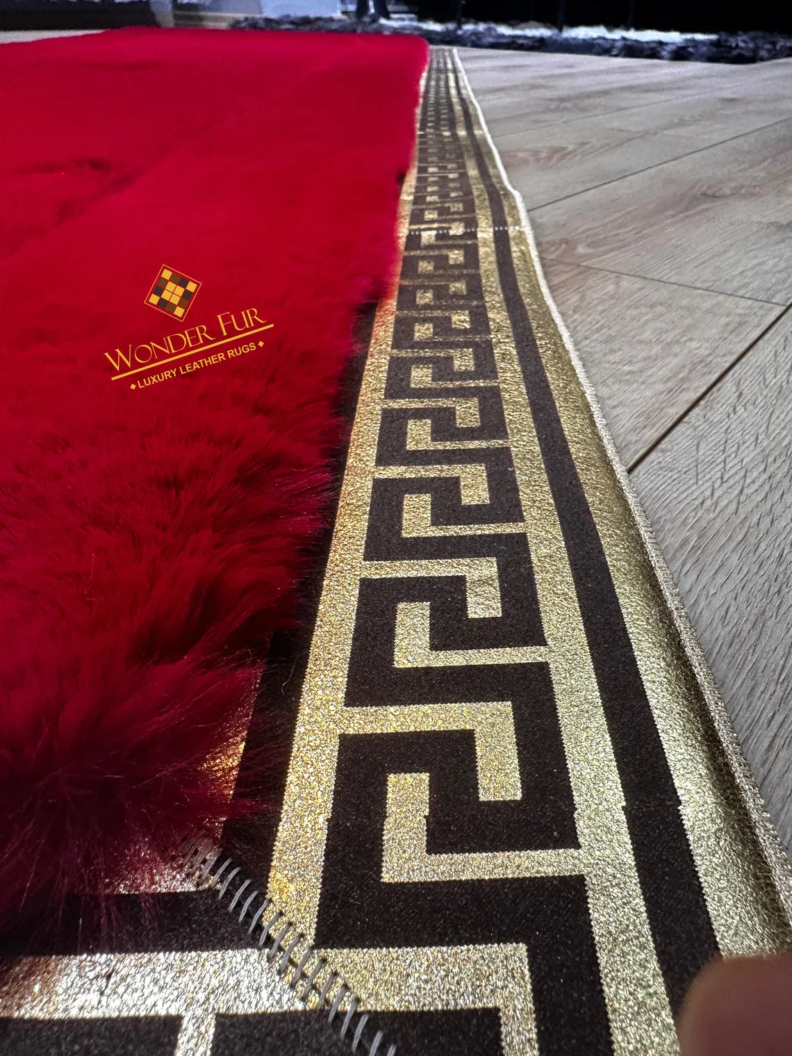 Luxury Handmade Plush Red And Gold Faux Fur Runner Rug , Non Slip Rug