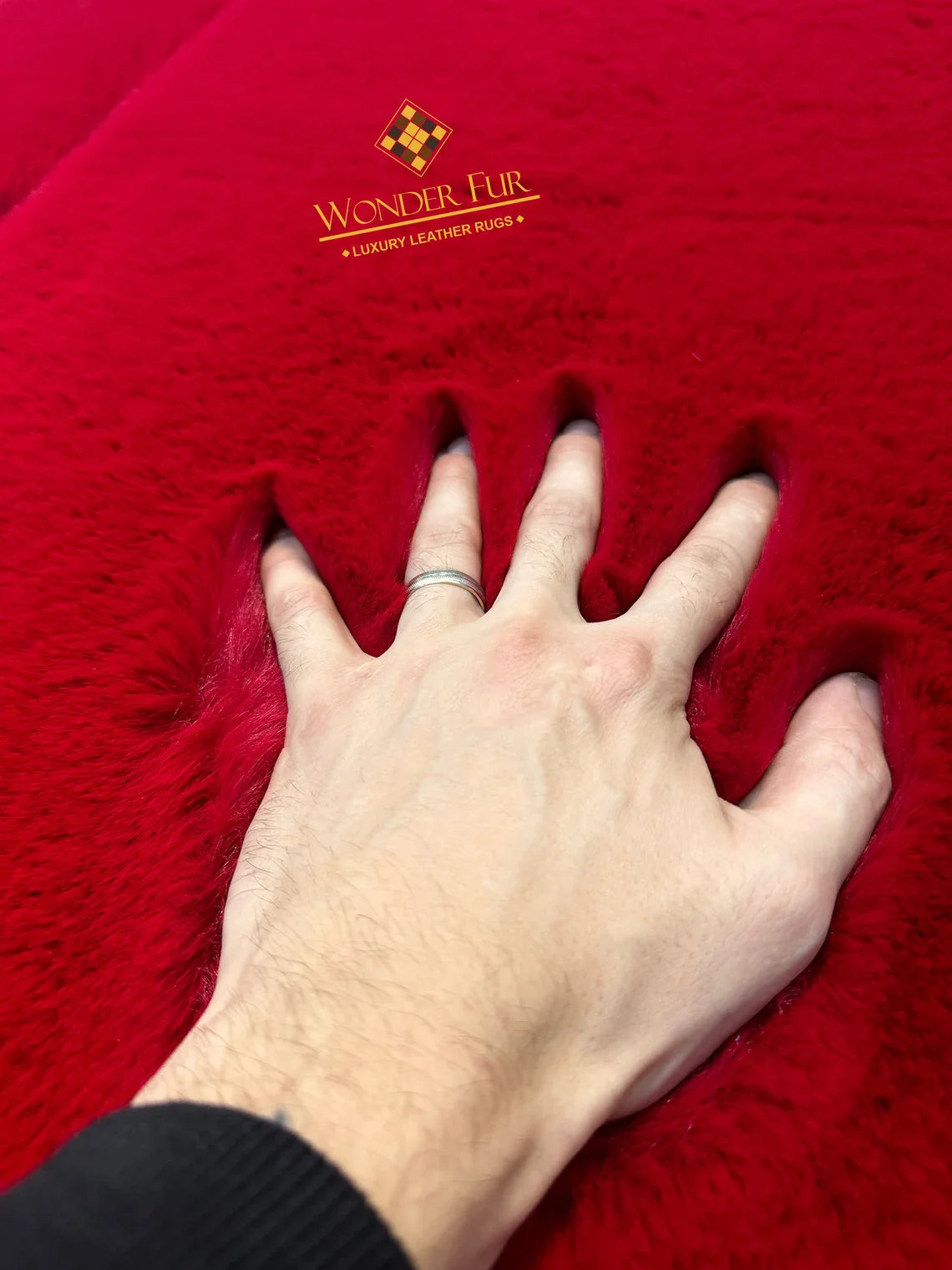 Luxury Handmade Plush Red And Gold Faux Fur Runner Rug , Non Slip Rug