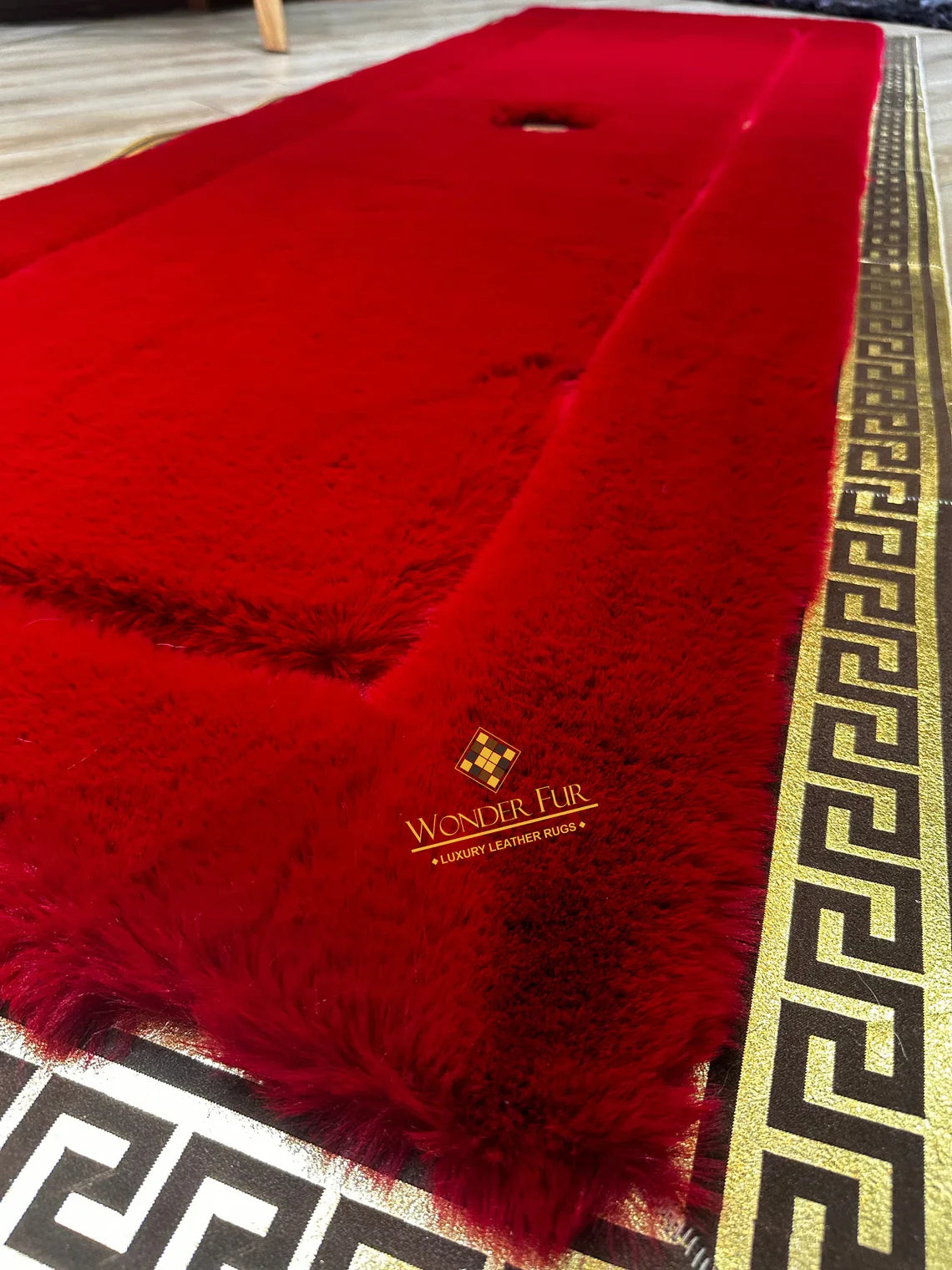 Luxury Handmade Plush Red And Gold Faux Fur Runner Rug , Non Slip Rug