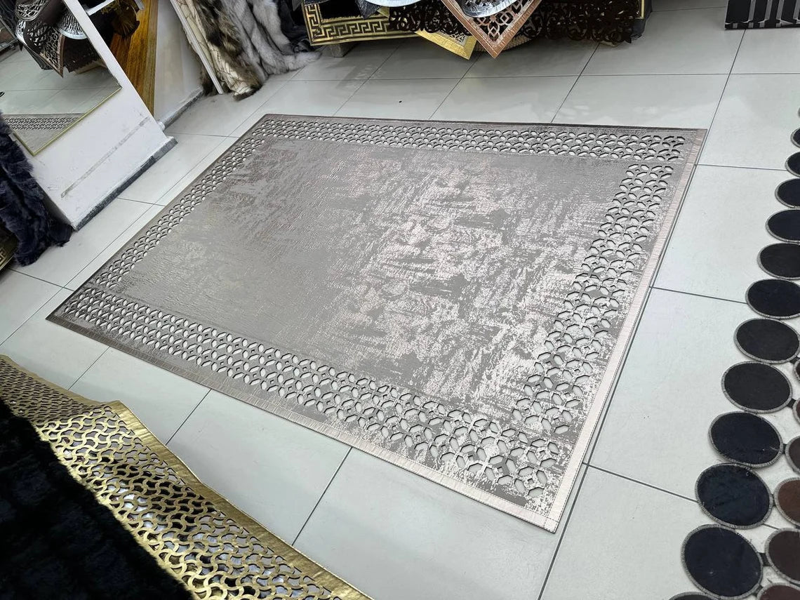 Luxury Handmade Rose Gold Faux Leather Area Living Room Rug