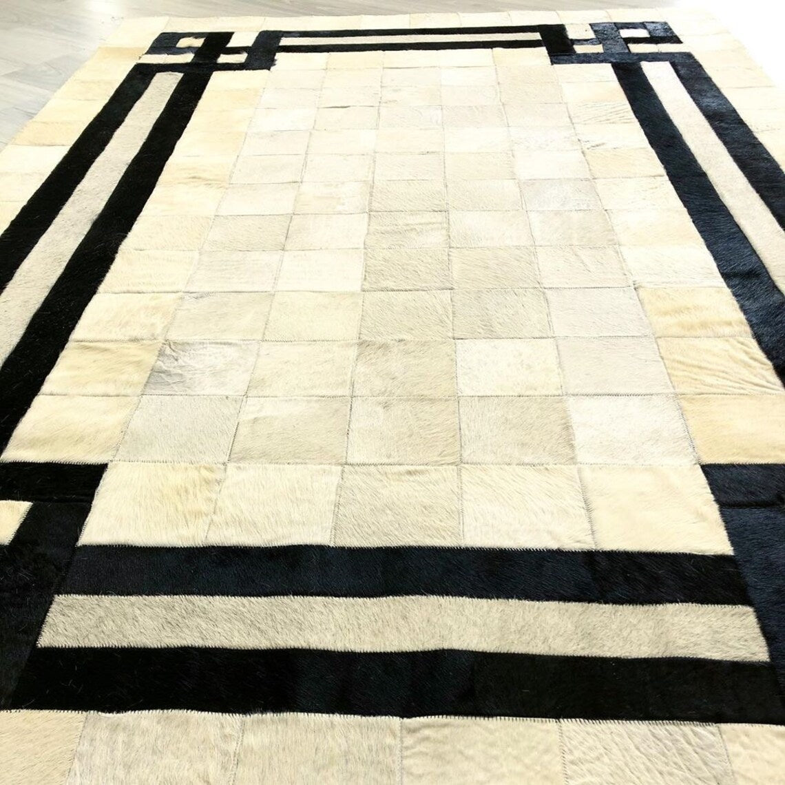 Luxury Modern Beige Black Real Cowhide Rug , Handmade Living Room Rug