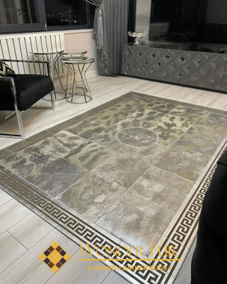 Luxury Natural Cowhide Area Rug for Kitchen, Unique Design Genuine Cow Leather Carpet