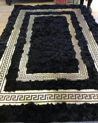 Luxury Natural Large Sheepskin Black Gold Living Room Rug , Soft Rug