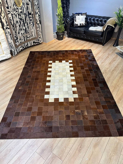 Luxury Patchwork Brown And Beige Genuine Cowhide Large Rug , 10x12 Rug