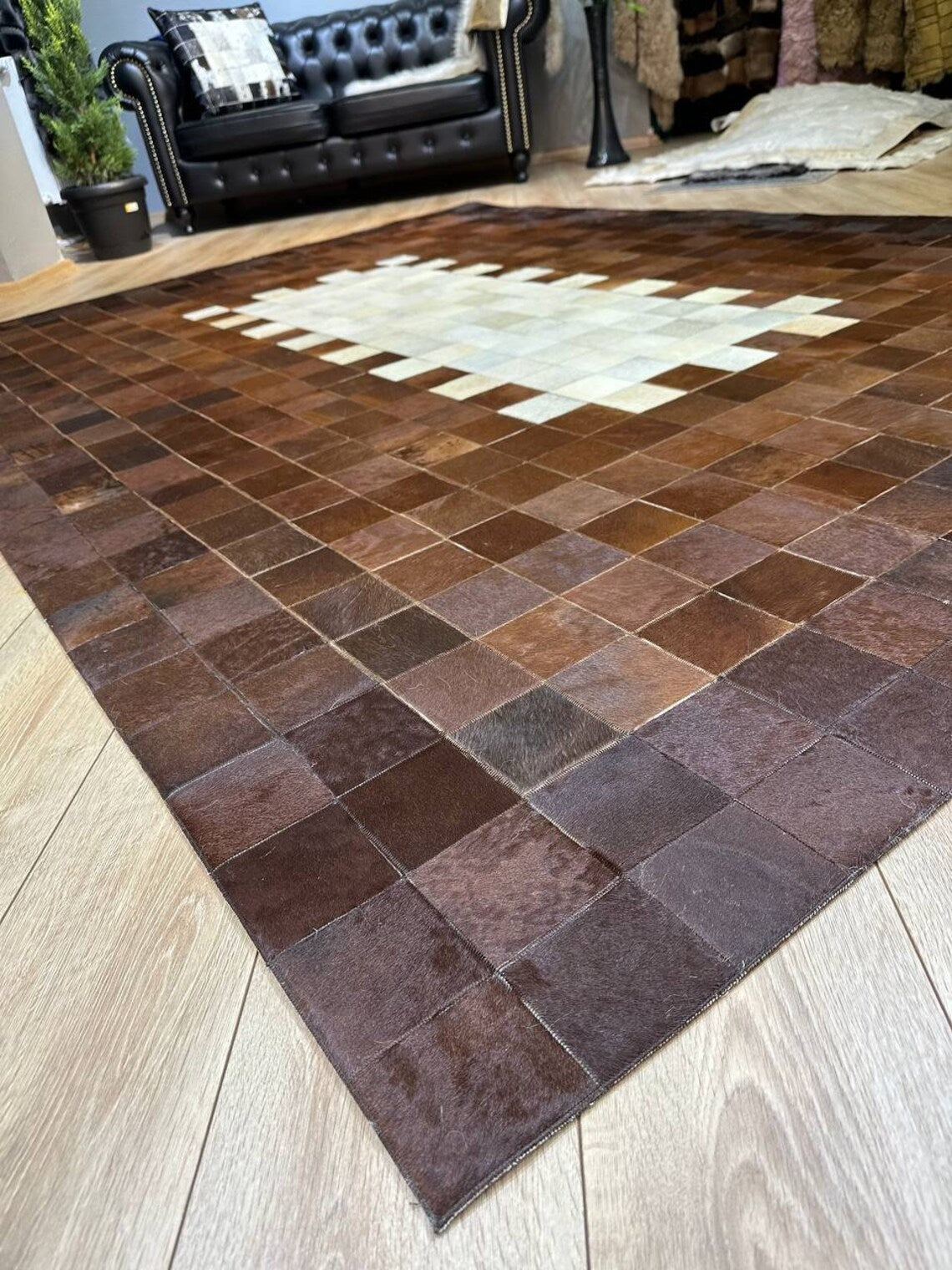 Luxury Patchwork Brown And Beige Genuine Cowhide Large Rug , 10x12 Rug