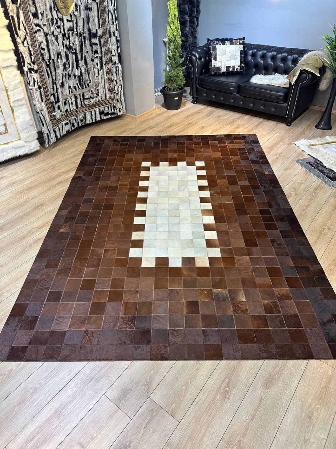 Luxury Patchwork Brown And Beige Genuine Cowhide Large Rug , 10x12 Rug