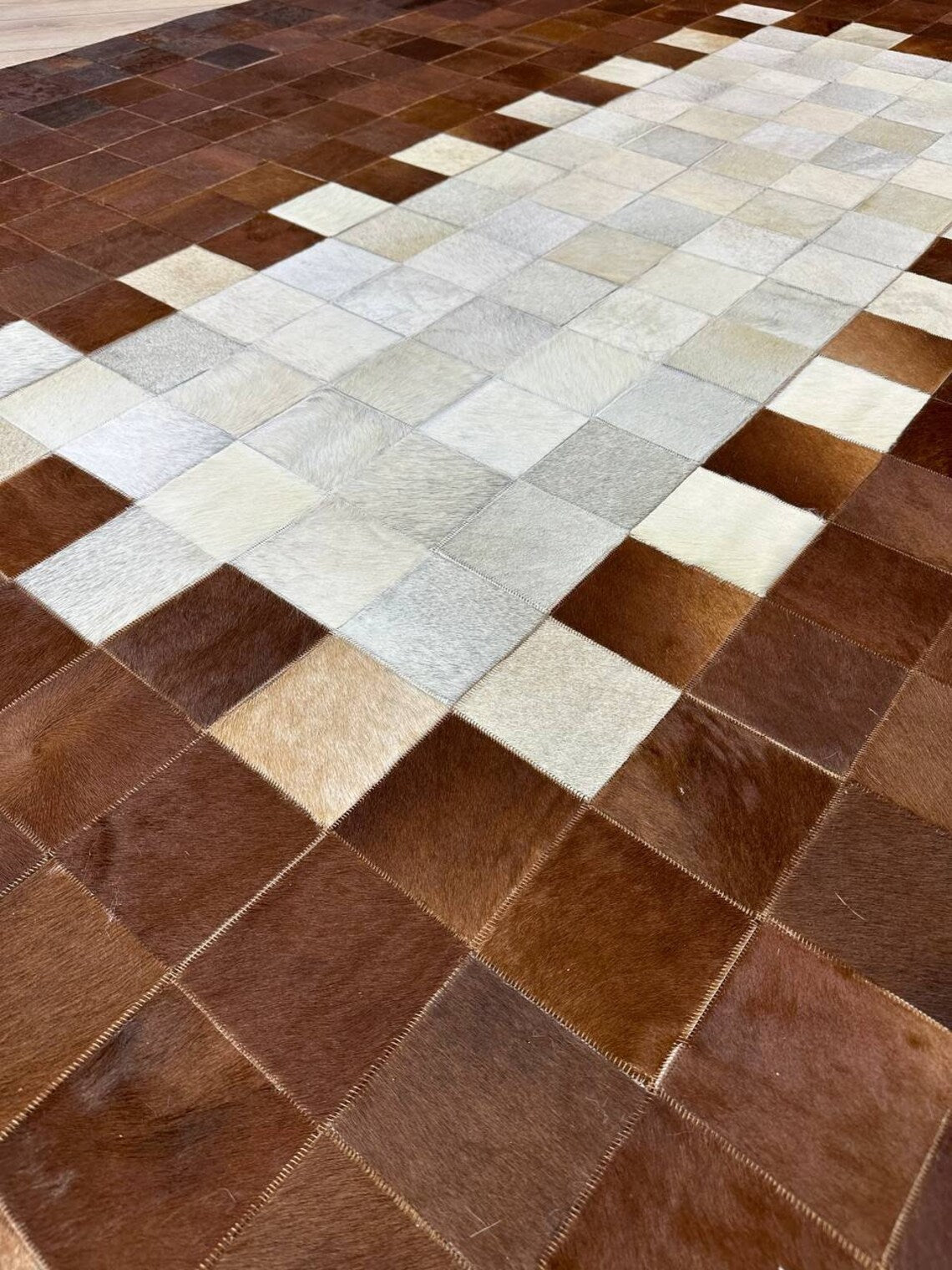 Luxury Patchwork Brown And Beige Genuine Cowhide Large Rug , 10x12 Rug