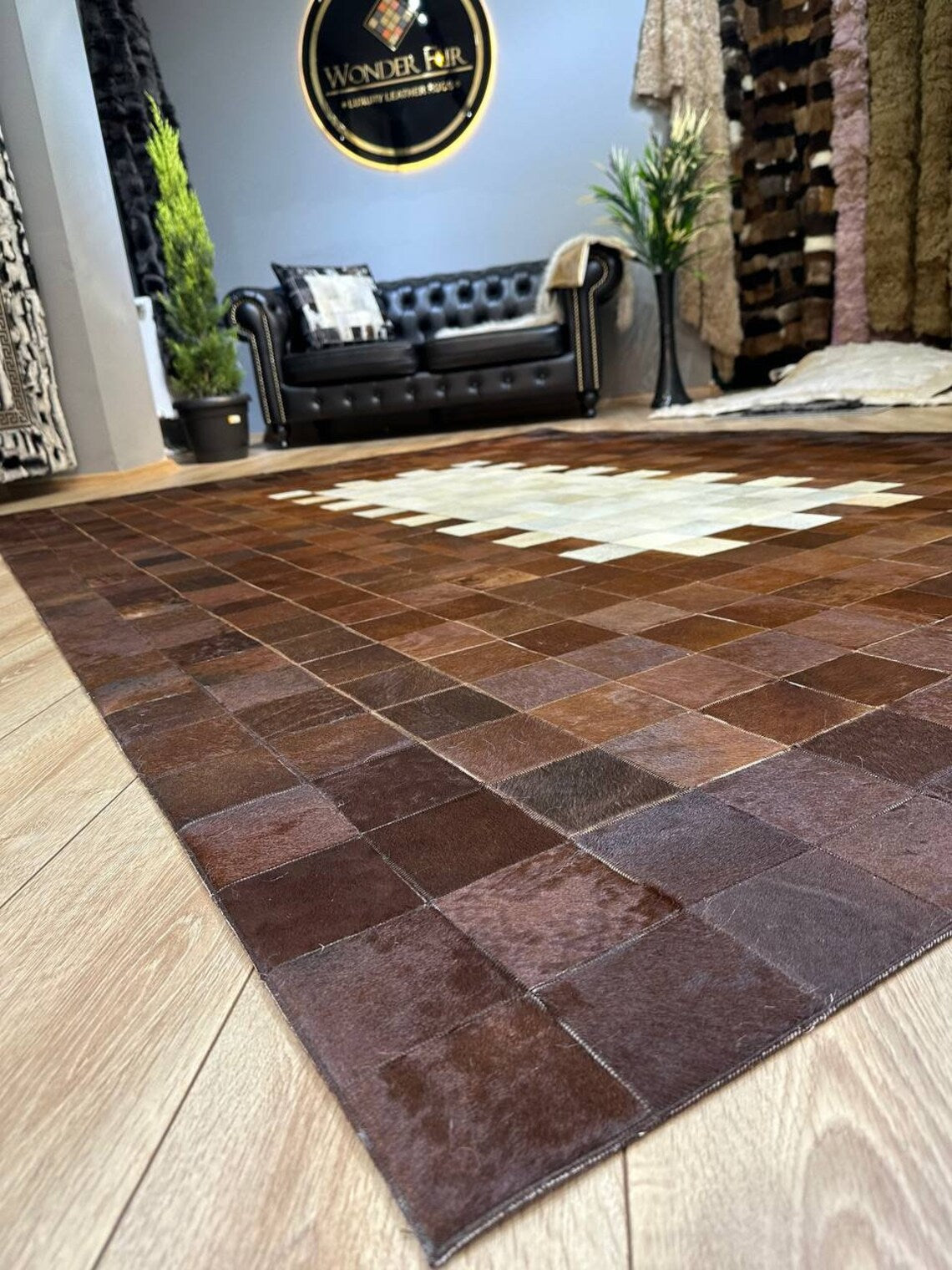Luxury Patchwork Brown And Beige Genuine Cowhide Large Rug , 10x12 Rug