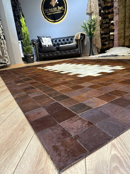 Luxury Patchwork Brown And Beige Genuine Cowhide Large Rug , 10x12 Rug