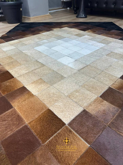 Luxury Patchwork Tricolor Genuine Cowhide Area Rug , Handmade 5x7 Rug