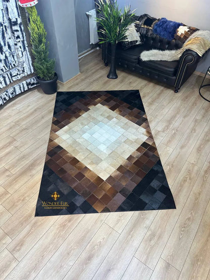 Luxury Patchwork Tricolor Genuine Cowhide Area Rug , Handmade 5x7 Rug