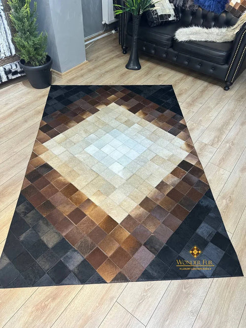Luxury Patchwork Tricolor Genuine Cowhide Area Rug , Handmade 5x7 Rug