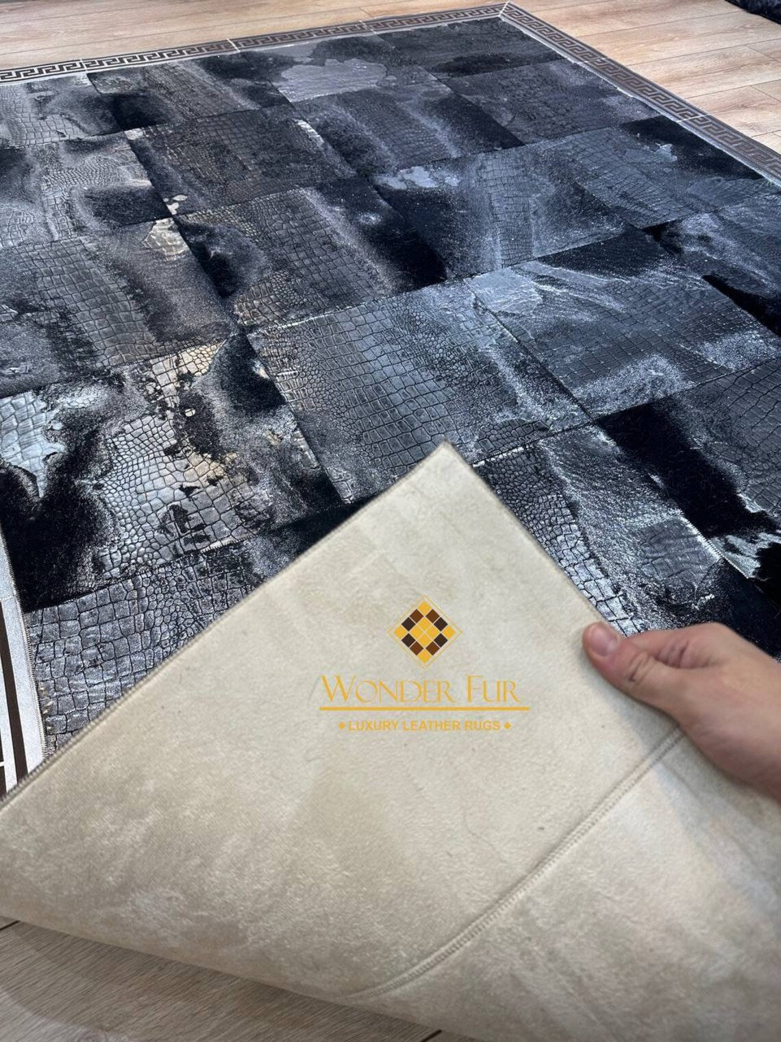 Luxury Silver Black Sheepskin Leather Rug,Patchwork Living Room Rug