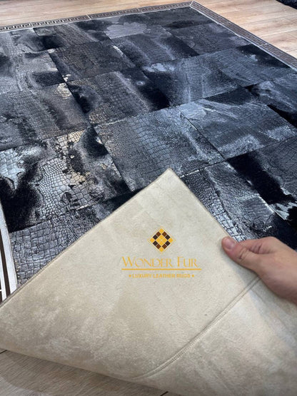 Luxury Silver Black Sheepskin Leather Rug,Patchwork Living Room Rug