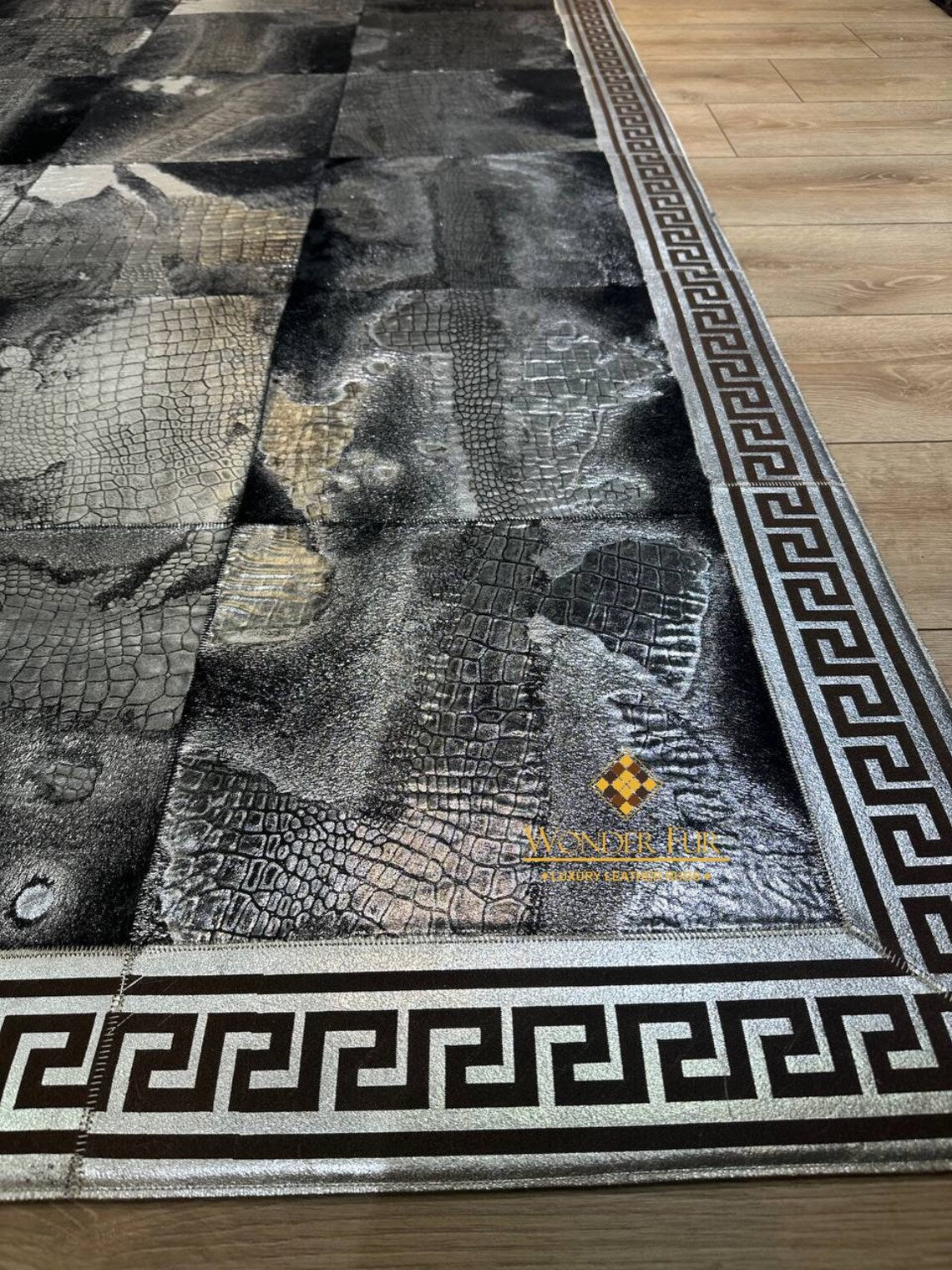 Luxury Silver Black Sheepskin Leather Rug,Patchwork Living Room Rug