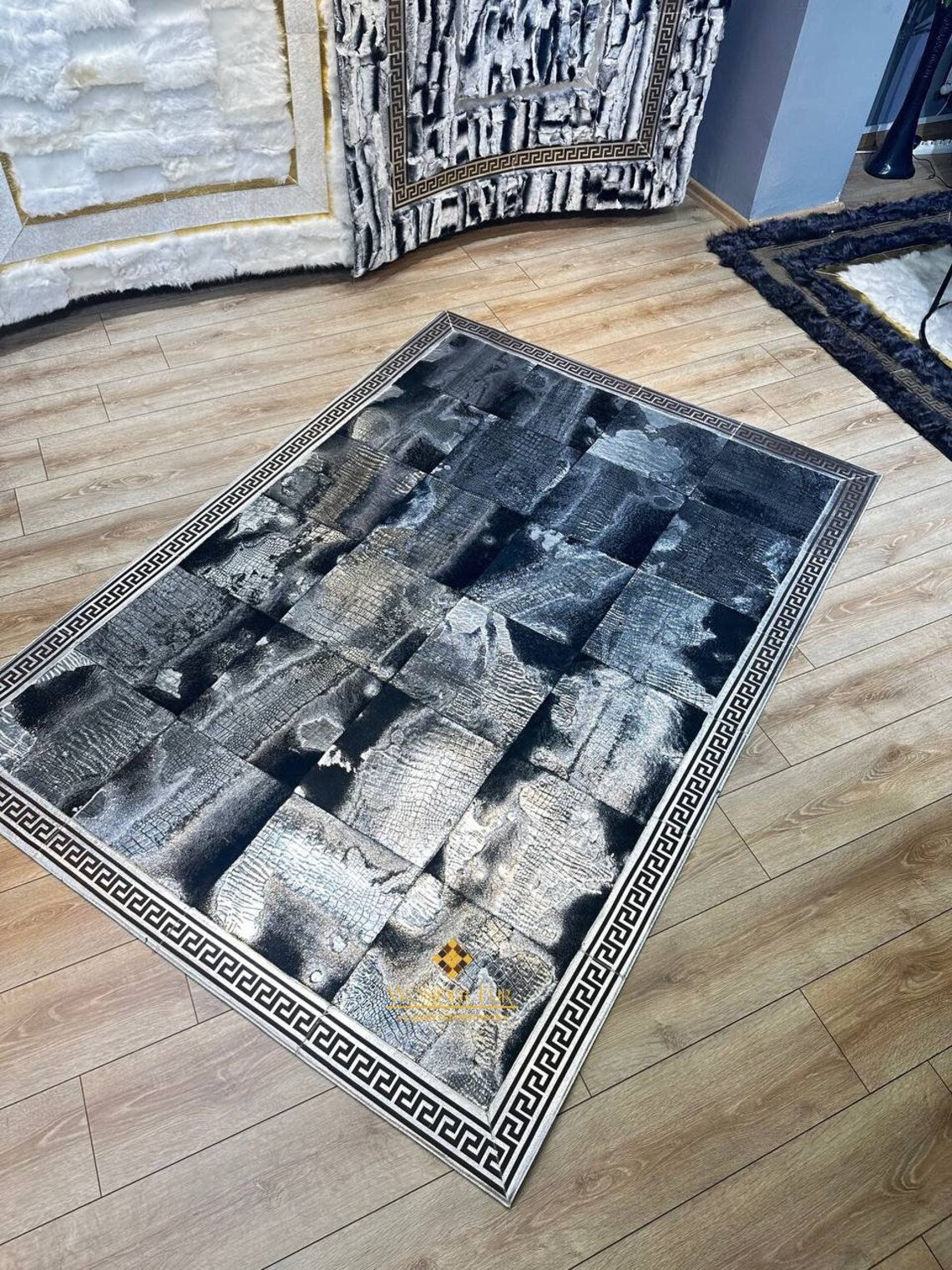 Luxury Silver Black Sheepskin Leather Rug,Patchwork Living Room Rug