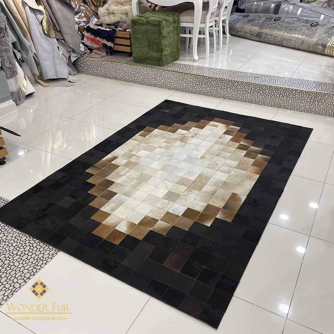 Luxury Tricolor Genuine Cowhide Area Rug for Living Room Handmade Non Slip Patchwork Carpet