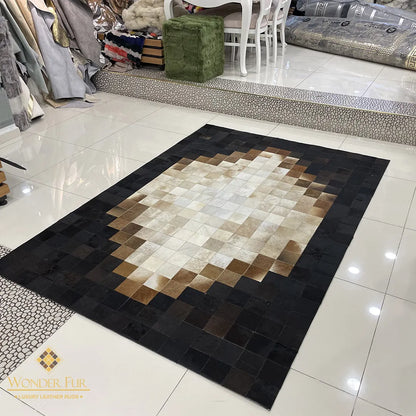 Luxury Tricolor Genuine Cowhide Area Rug for Living Room Handmade Non Slip Patchwork Carpet