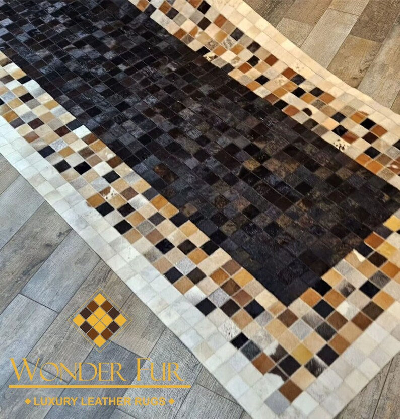Luxury Tricolor Natural Cowhide Runner Rug, Handmade Cow Hide Hallway Rug